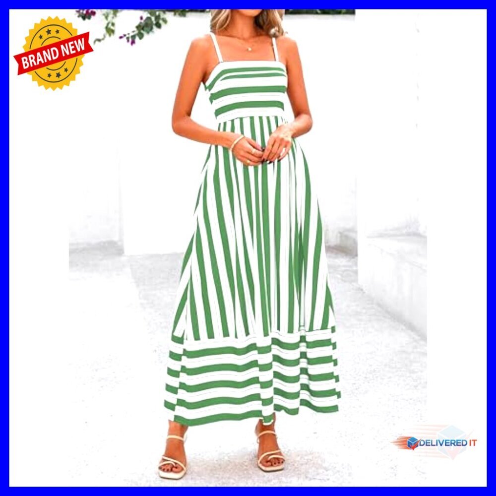 Spaghetti Strap Maxi Dress Boho Floral Striped Wedding Guest Beach Vacation - Picture 4 of 7